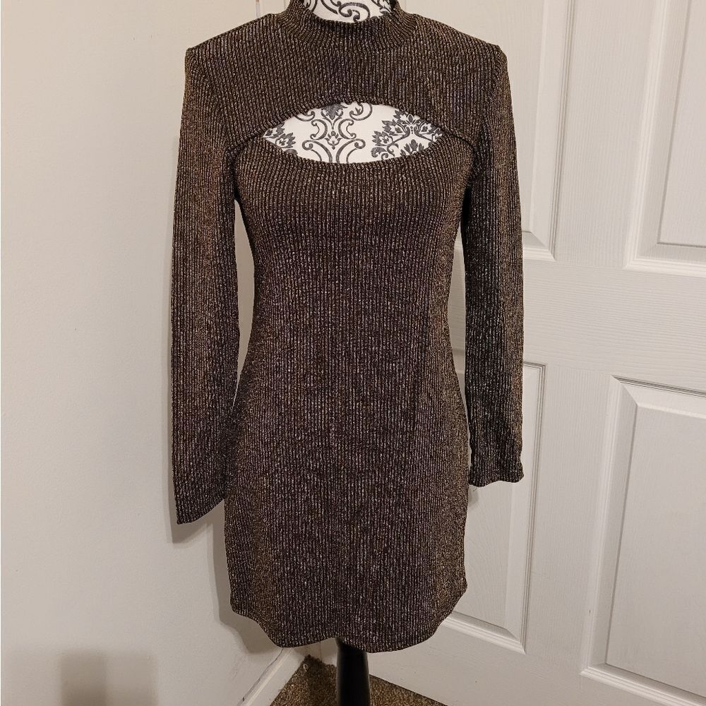 Rewind cut out Metallic rib long sleeve mini dress‎